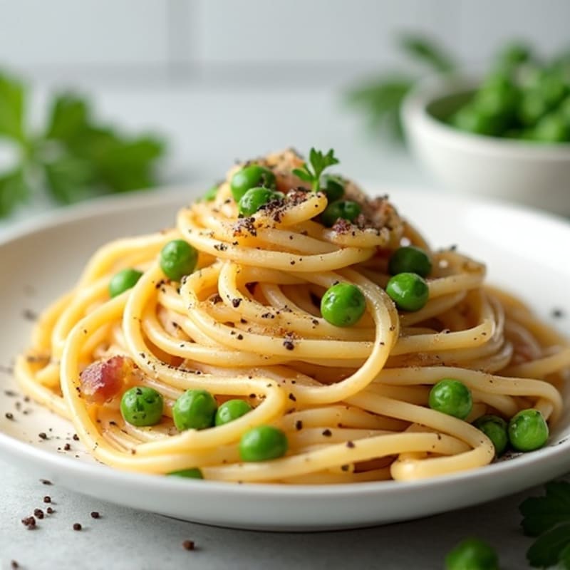 Lightened Creamy Carbonara with Crispy Pancetta and Green Peas
