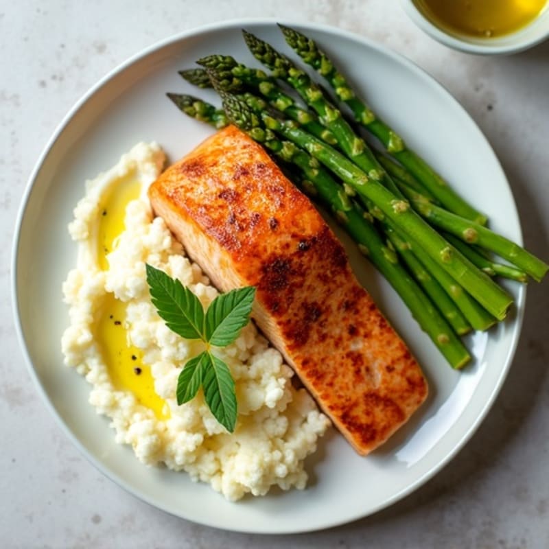 Seared Salmon with Steamed Asparagus and Cauliflower Mash