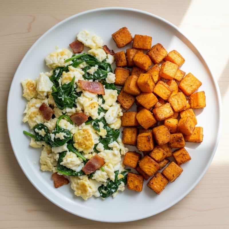 Crispy Turkey Bacon and Spinach Egg White Scramble with Roasted Sweet Potatoes