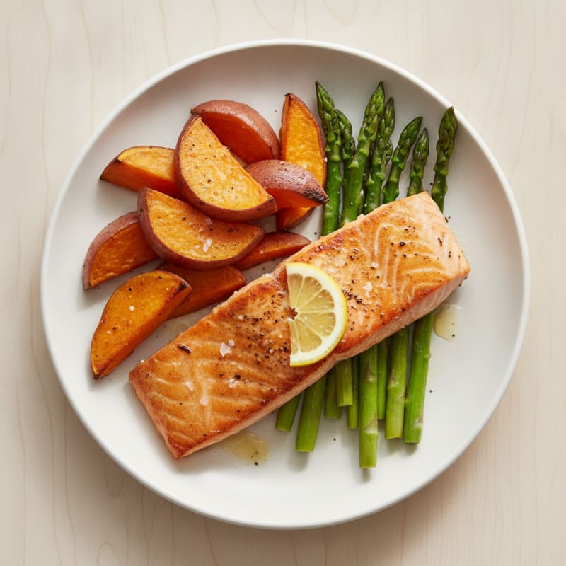 Seared Salmon with Roasted Sweet Potato and Asparagus