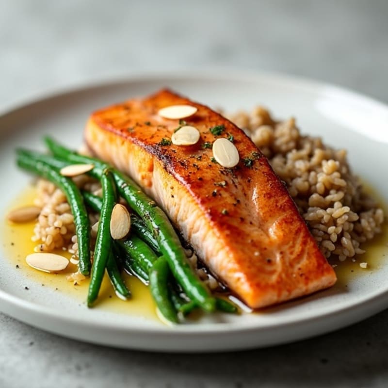 Seared Salmon with Garlic Green Beans and Brown Rice