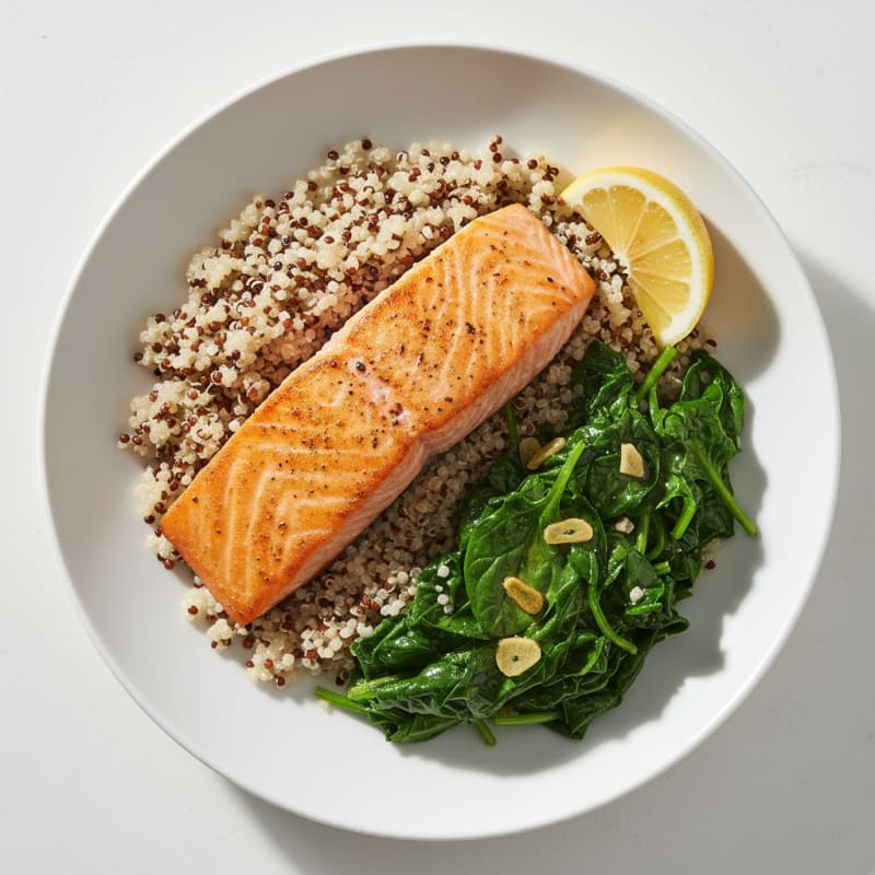 Seared Salmon with Quinoa and Garlic Sautéed Spinach