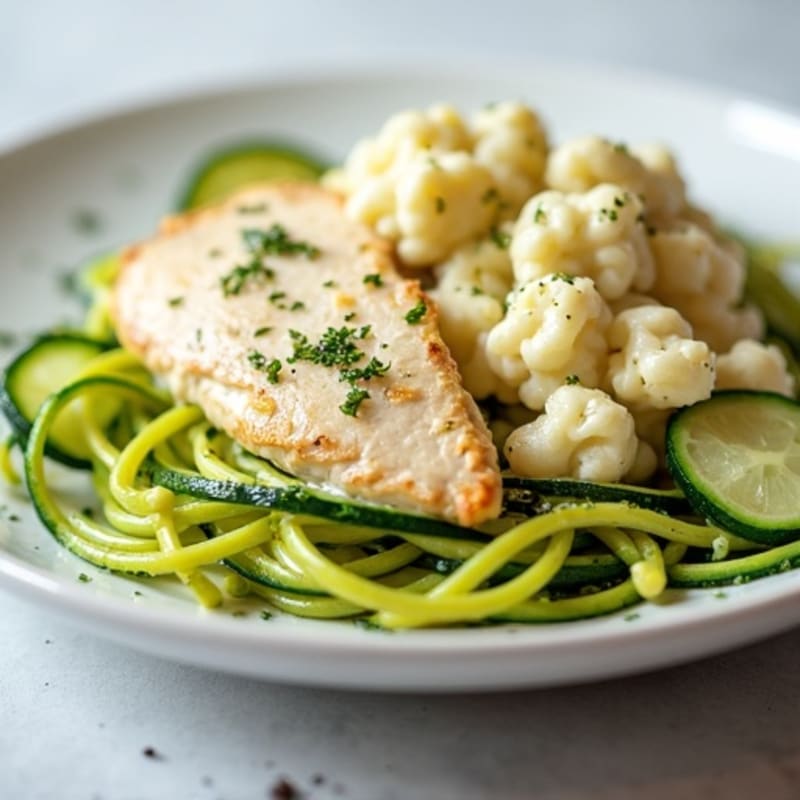 Creamy Cauliflower Chicken Alfredo with Zucchini Noodles