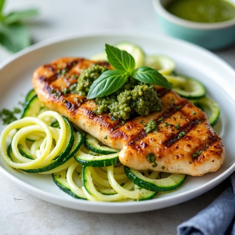 Grilled Chicken Breast with Zucchini Noodles and Pesto