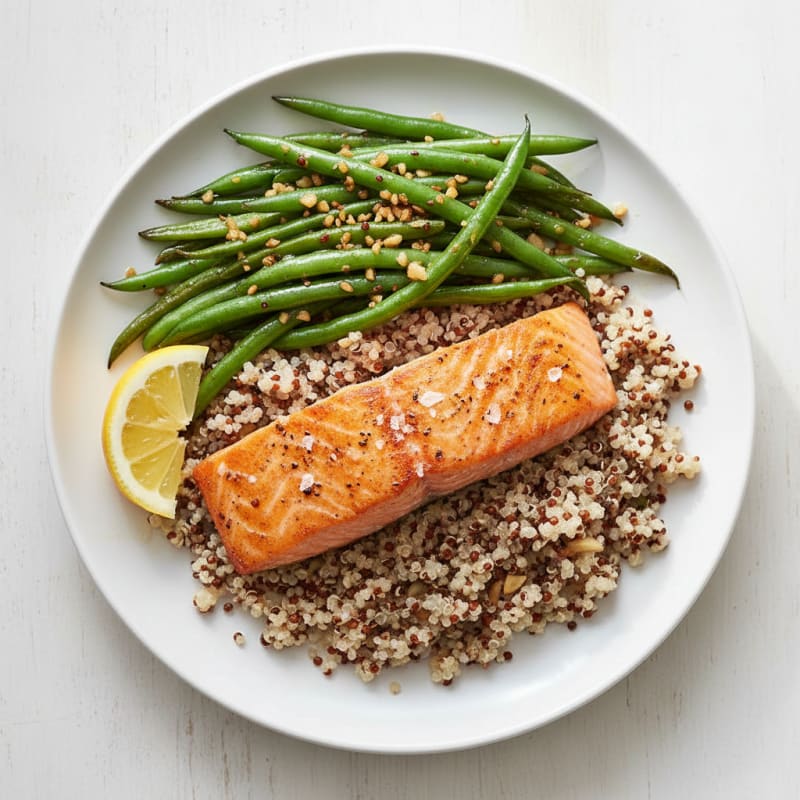 Seared Salmon with Garlic Green Beans and Quinoa