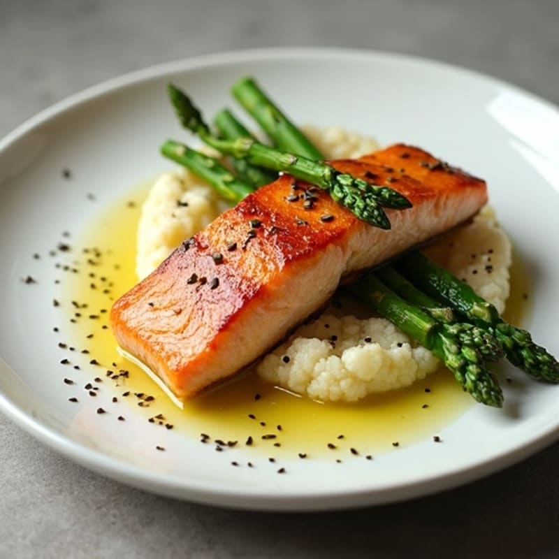 Seared Salmon with Roasted Asparagus and Cauliflower Mash