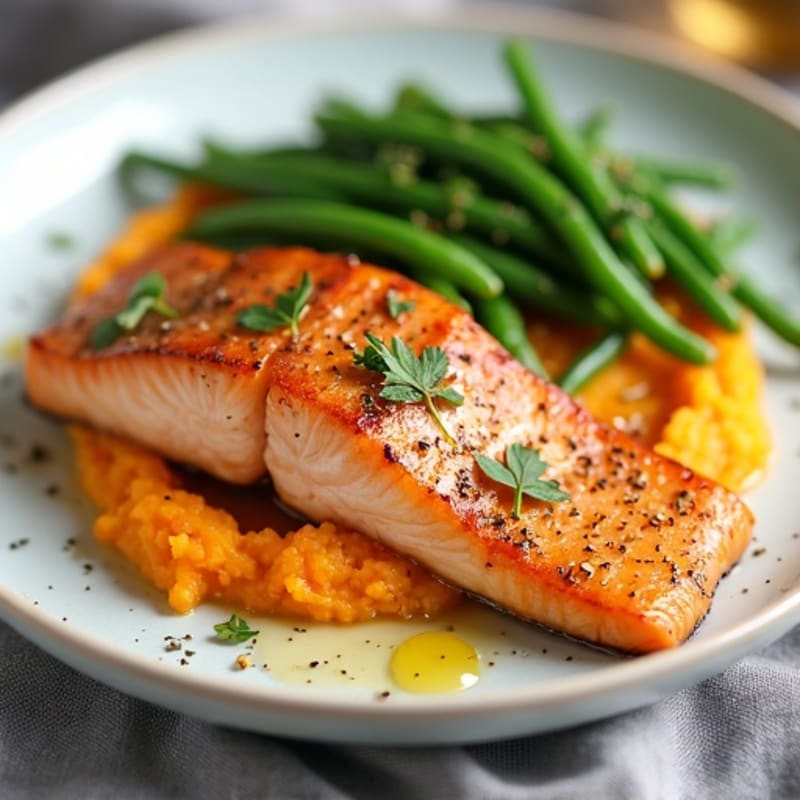 Seared Salmon with Garlic Green Beans and Sweet Potato Mash