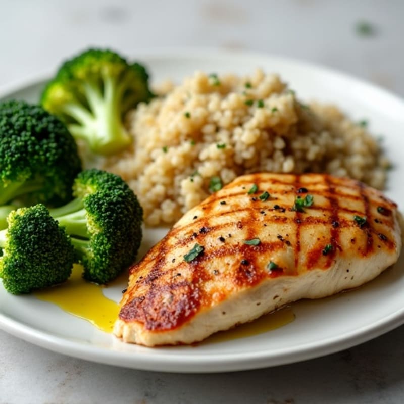 Grilled Chicken Breast with Roasted Broccoli and Quinoa Salad