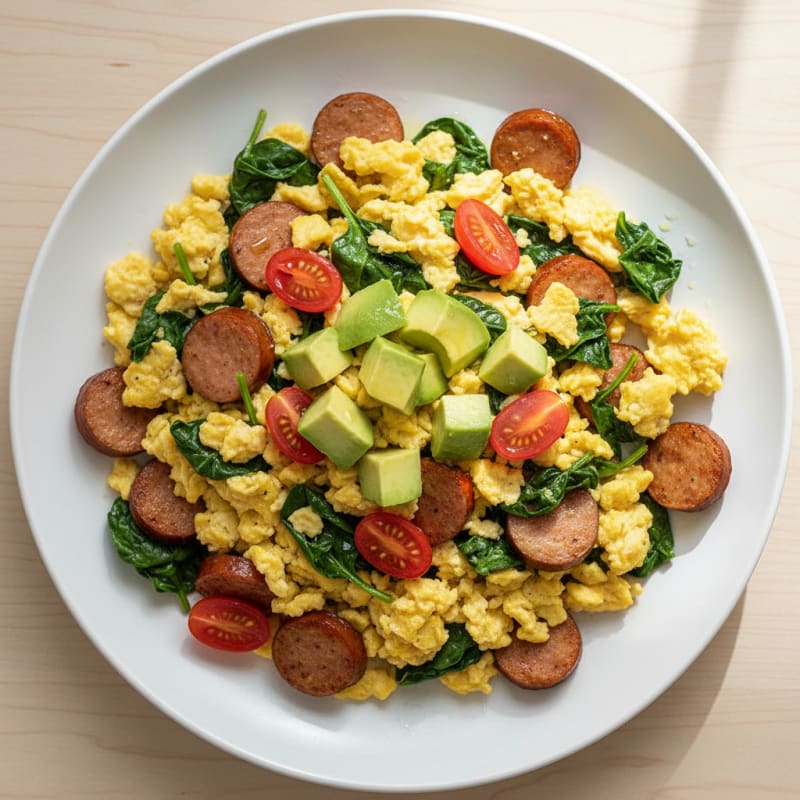 Chicken Sausage and Spinach Egg Scramble