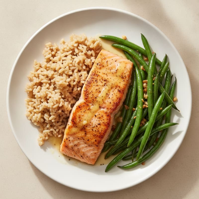 Seared Salmon with Garlic Green Beans and Brown Rice