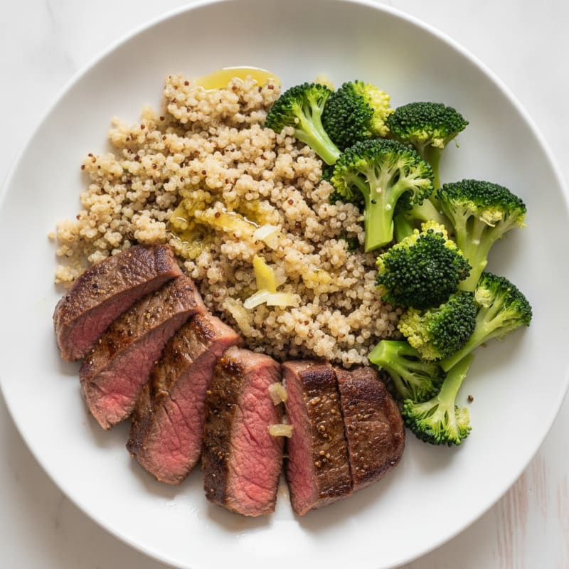 Seared Lean Beef with Steamed Broccoli and Quinoa