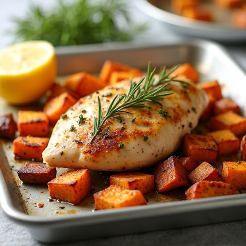 Sheet Pan Lemon Herb Roasted Chicken with Crispy Sweet Potatoes