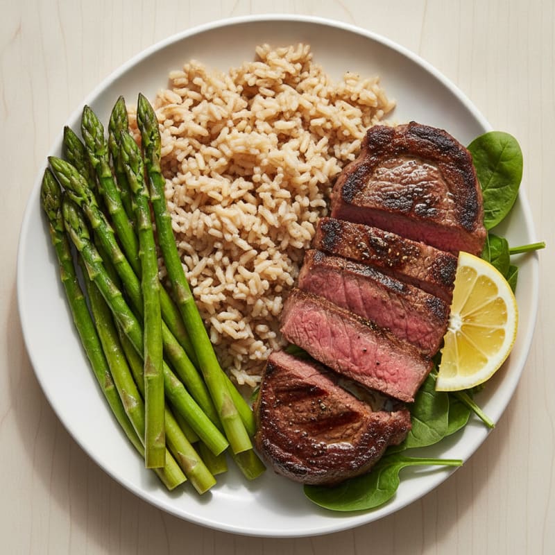 Grilled Lean Beef Steak with Asparagus and Brown Rice
