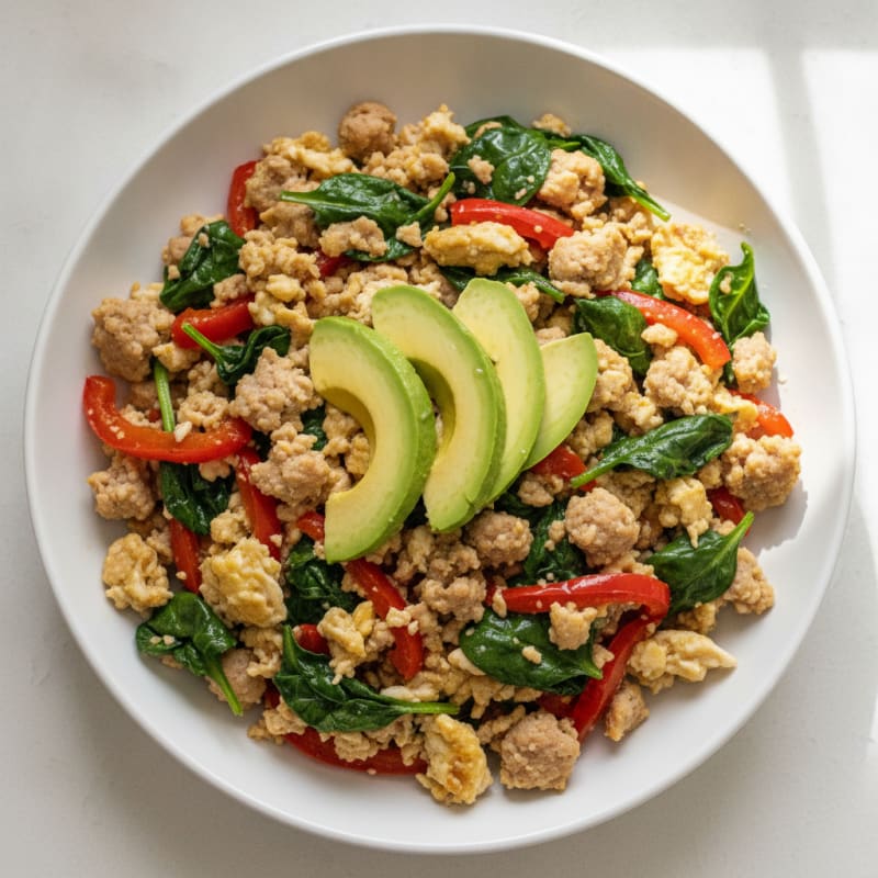 Egg White and Turkey Sausage Scramble with Spinach and Peppers
