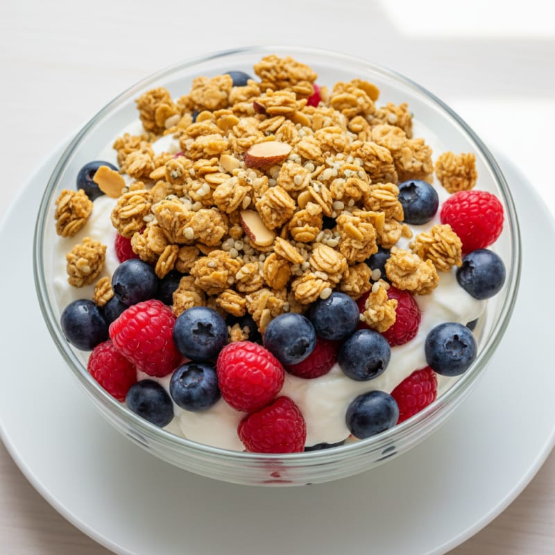 Greek Yogurt Parfait with Crunchy Almond Granola and Mixed Berries