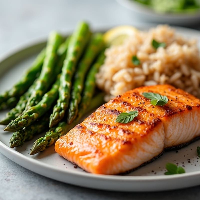 Seared Salmon with Steamed Asparagus and Brown Rice