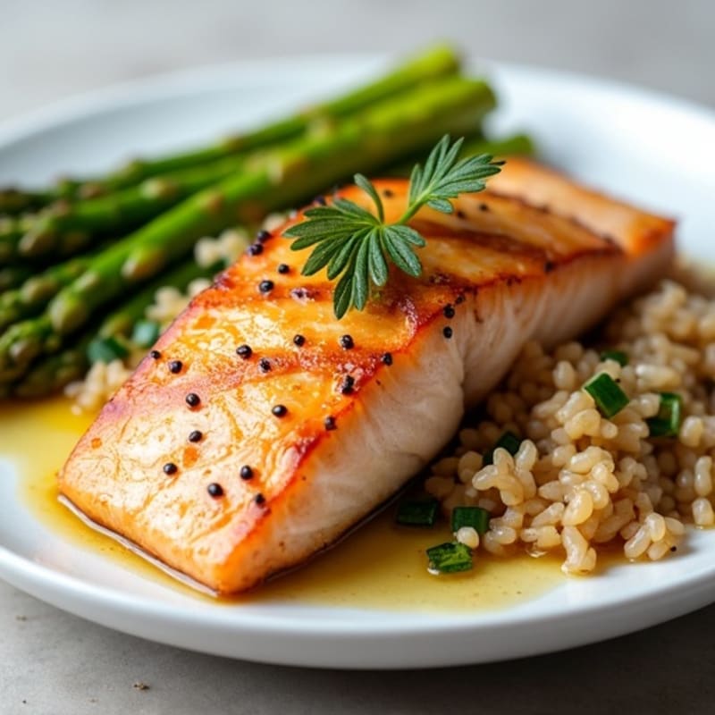 Seared Salmon with Garlic Asparagus and Brown Rice