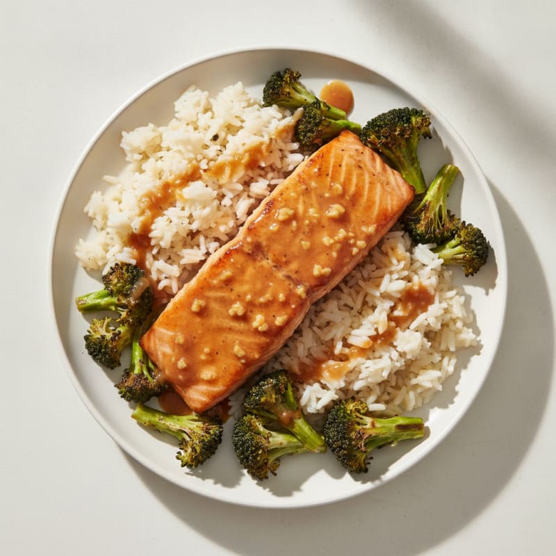 Saucy Salmon Fillet with Roasted Broccoli and Garlic Rice