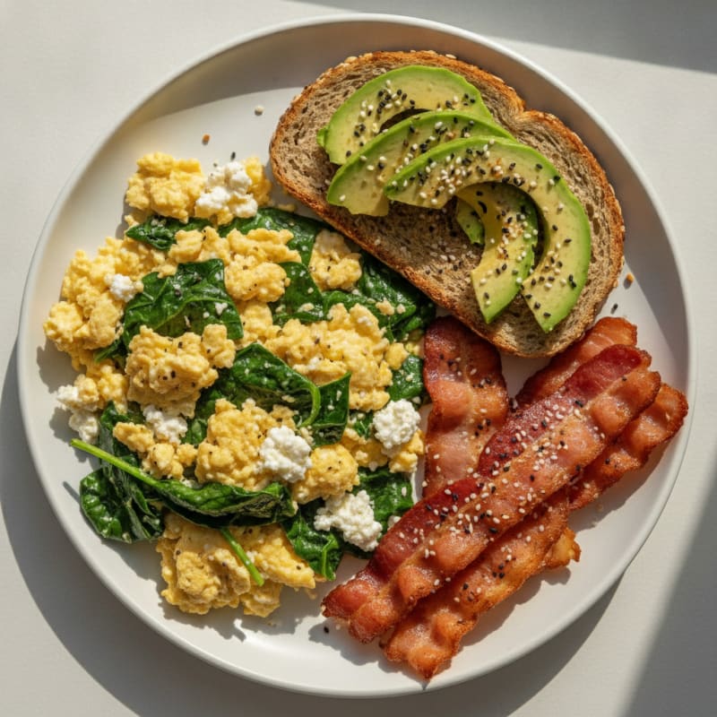 Cottage Cheese Scramble with Spinach and Turkey Bacon
