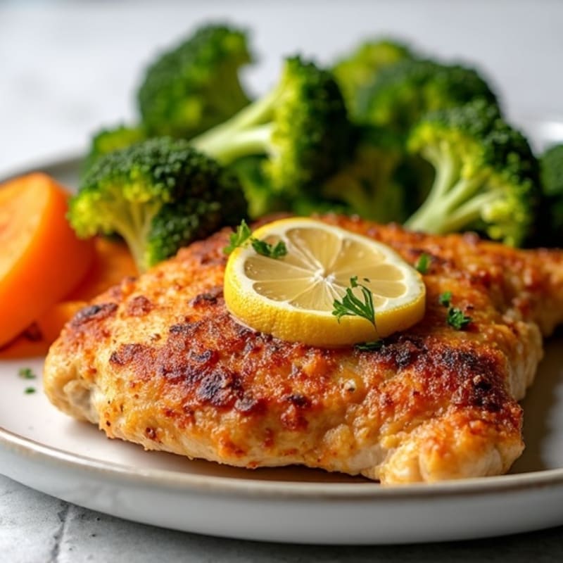 Crispy Lemon-Garlic Chicken with Roasted Broccoli and Sweet Potato