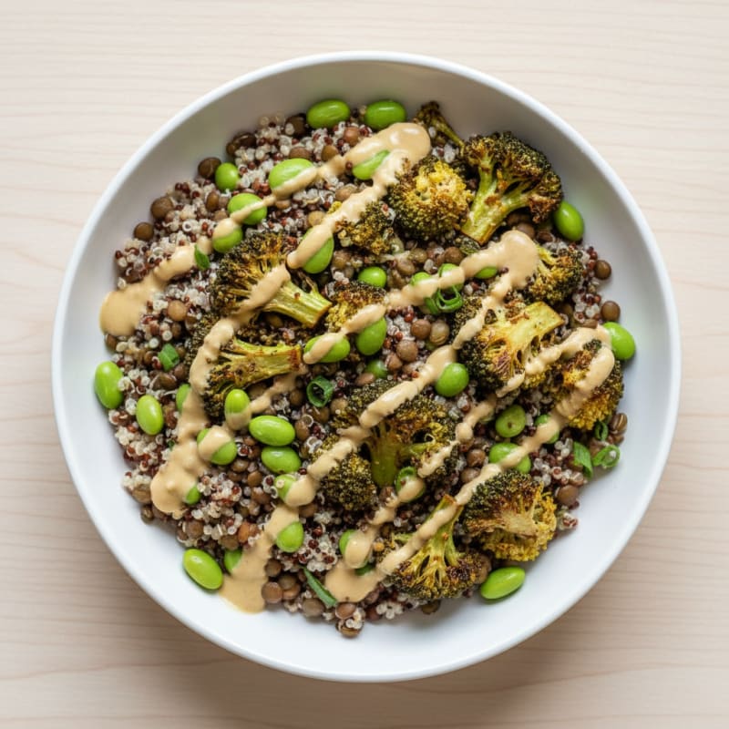 Lentil Quinoa Power Bowl with Roasted Broccoli and Tahini Drizzle