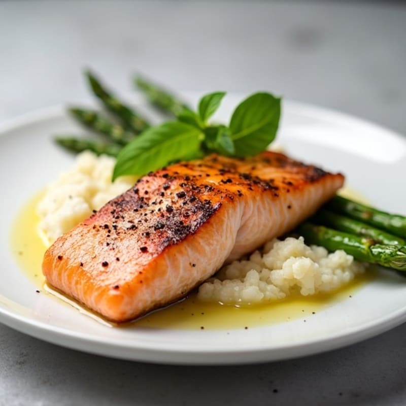 Seared Salmon with Steamed Asparagus and Cauliflower Mash