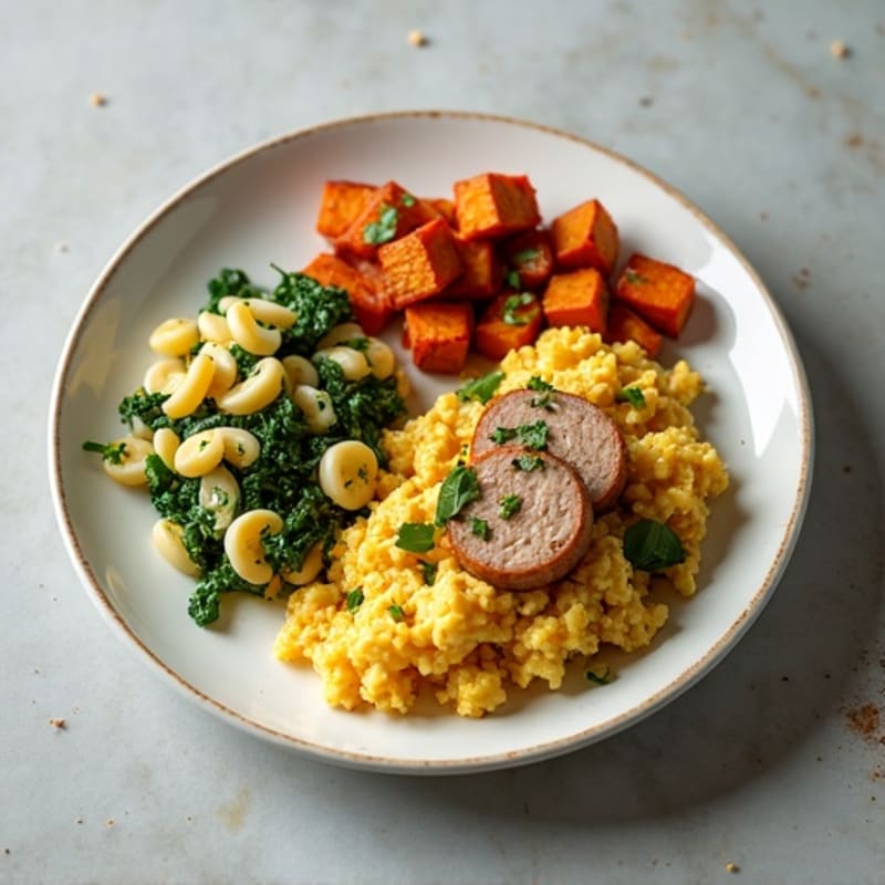 Egg White and Turkey Sausage Scramble with Spinach and Roasted Sweet Potatoes