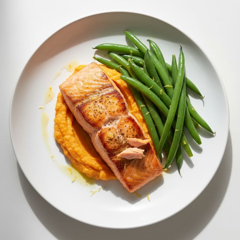Seared Salmon Fillet with Steamed Green Beans and Sweet Potato Mash