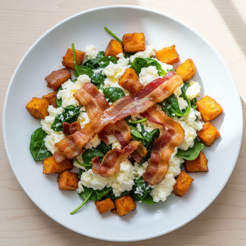 Crispy Turkey Bacon Egg White Scramble with Roasted Sweet Potatoes
