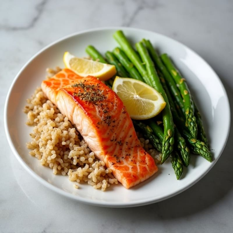 Seared Salmon with Steamed Asparagus and Brown Rice