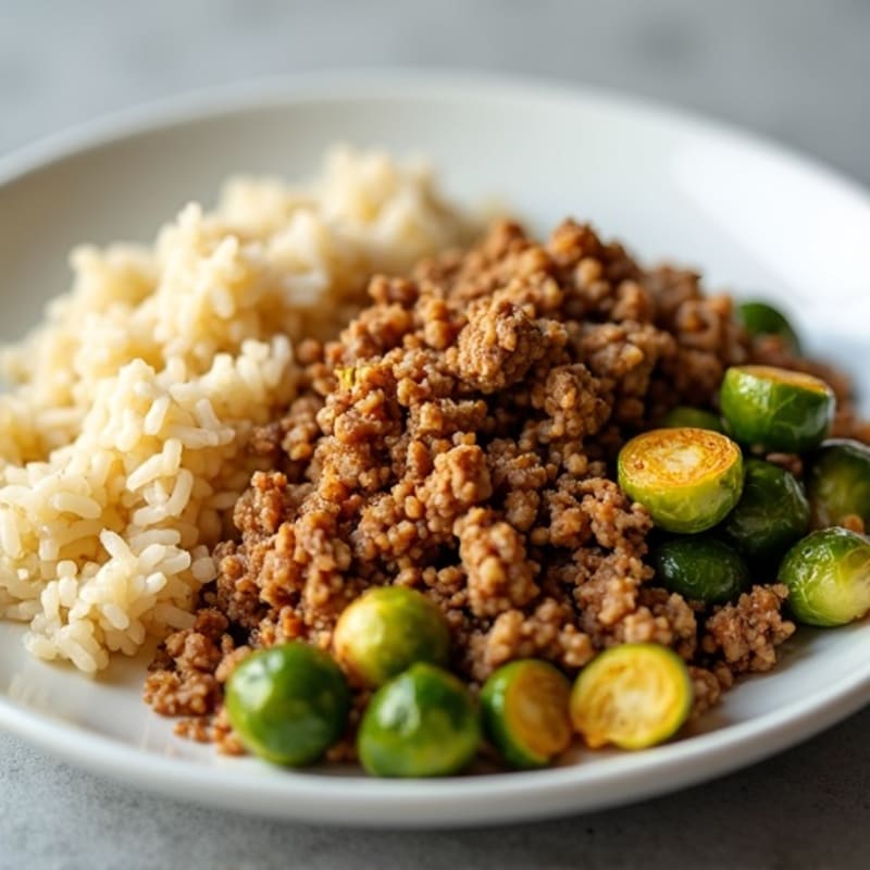 Savory Ground Turkey with Crispy Brussels Sprouts and Jasmine Rice