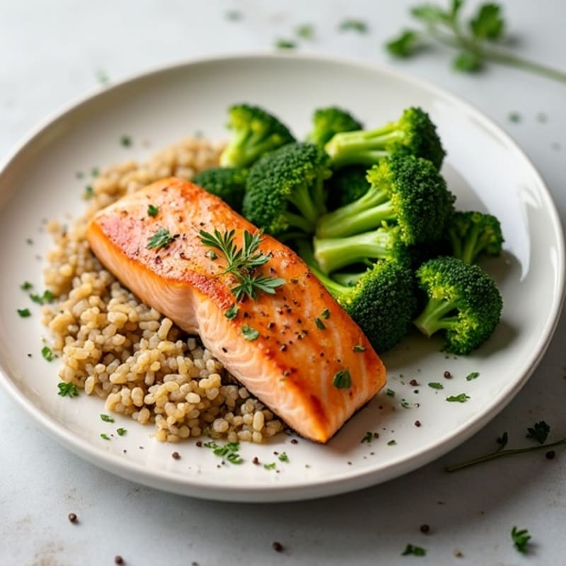 Seared Salmon with Steamed Broccoli and Herbed Brown Rice