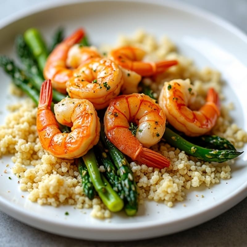 Lemon Garlic Pan-Seared Shrimp with Crispy Roasted Asparagus and Fluffy Quinoa