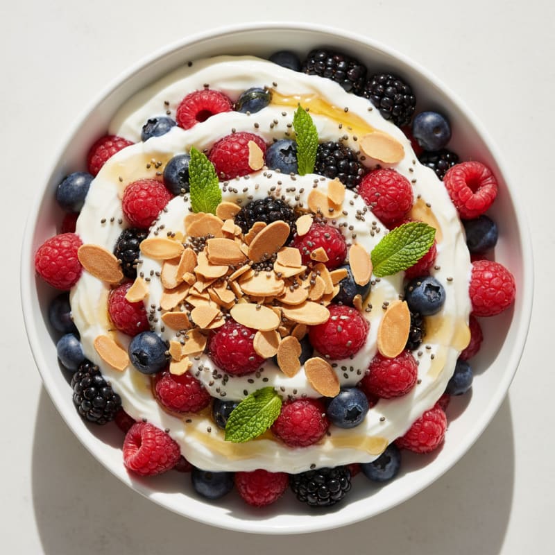 Greek Yogurt Protein Parfait with Mixed Berries and Almonds