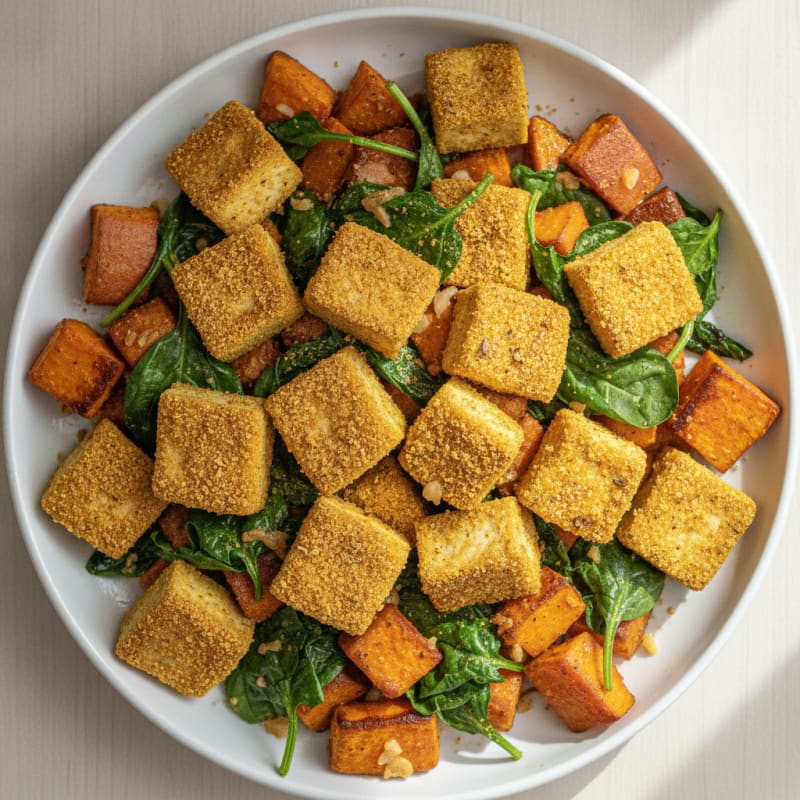 Crispy Baked Tofu with Roasted Sweet Potato and Garlic Spinach