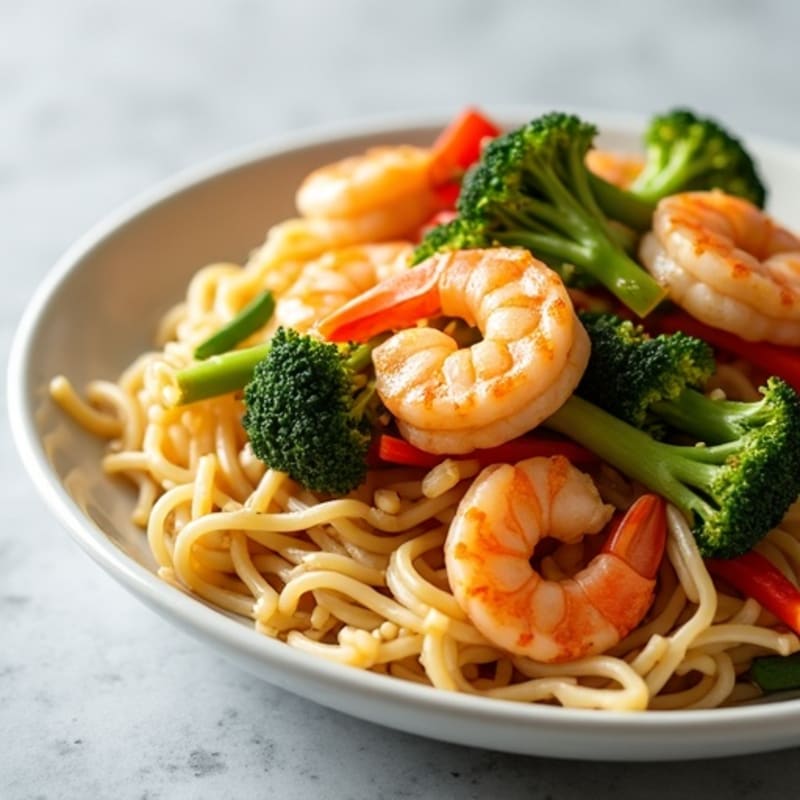 Quick Shrimp Stir-Fry with Rice Noodles and Creamy Peanut Dressing