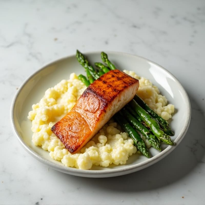 Seared Salmon Fillet with Steamed Asparagus and Cauliflower Mash