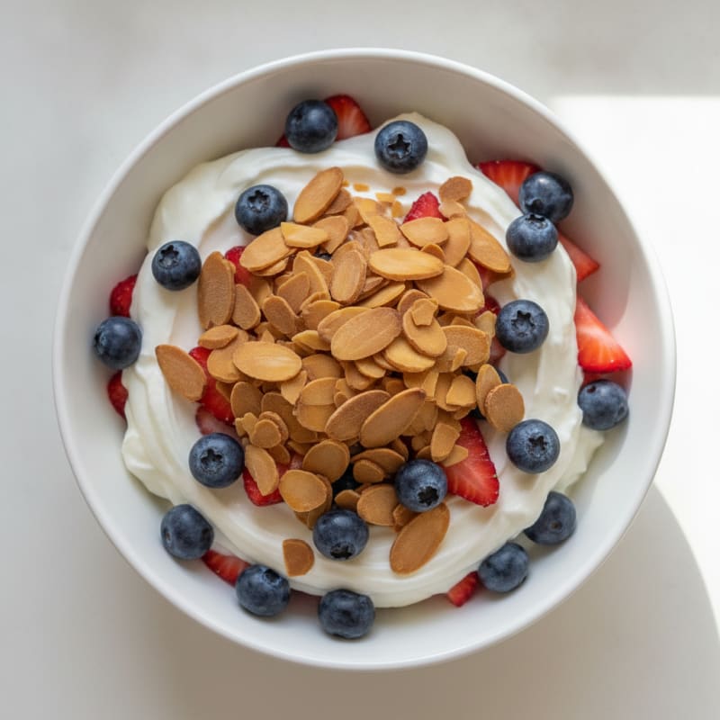 Greek Yogurt Protein Parfait with Sliced Almonds and Fresh Berries