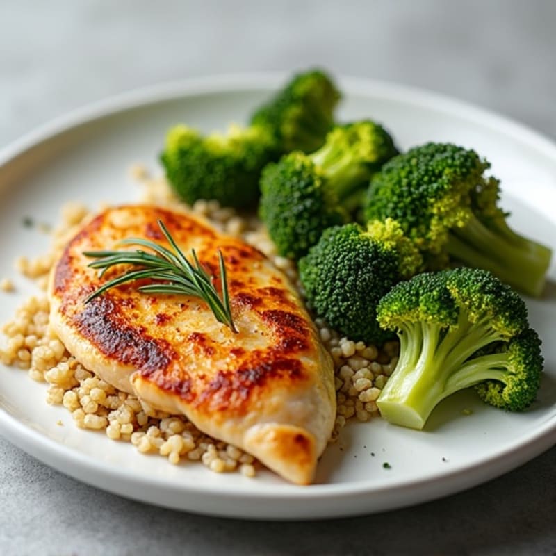Seared Chicken Breast with Roasted Broccoli and Garlic Quinoa