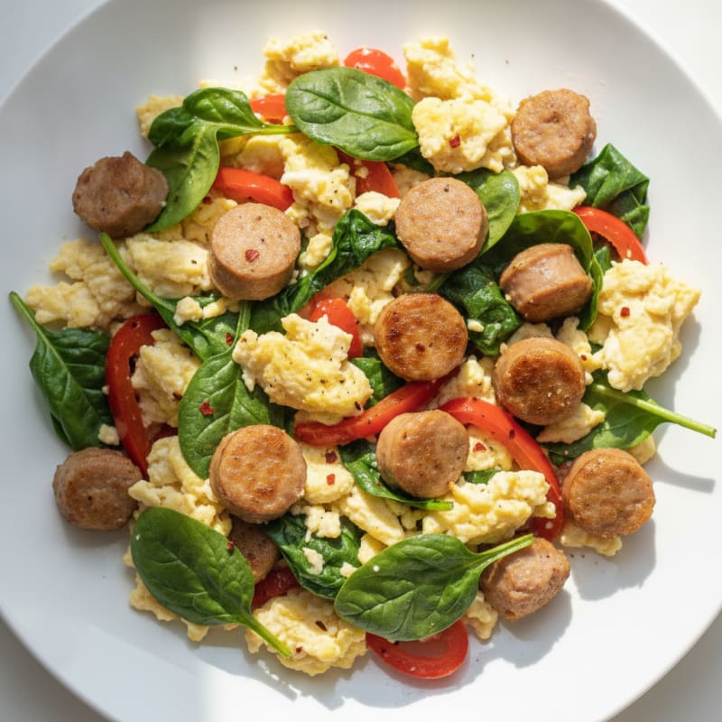Egg White and Turkey Sausage Scramble with Spinach and Bell Peppers