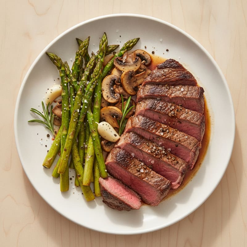 Sliced Pan-Seared Beef Steak with Roasted Asparagus