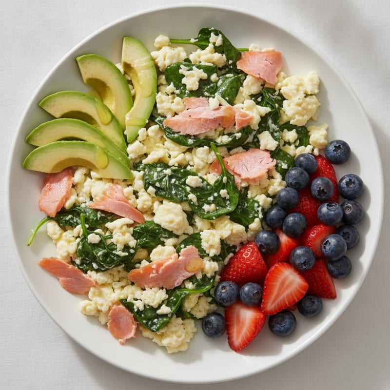 Egg White and Spinach Scramble with Smoked Salmon and Fresh Berries
