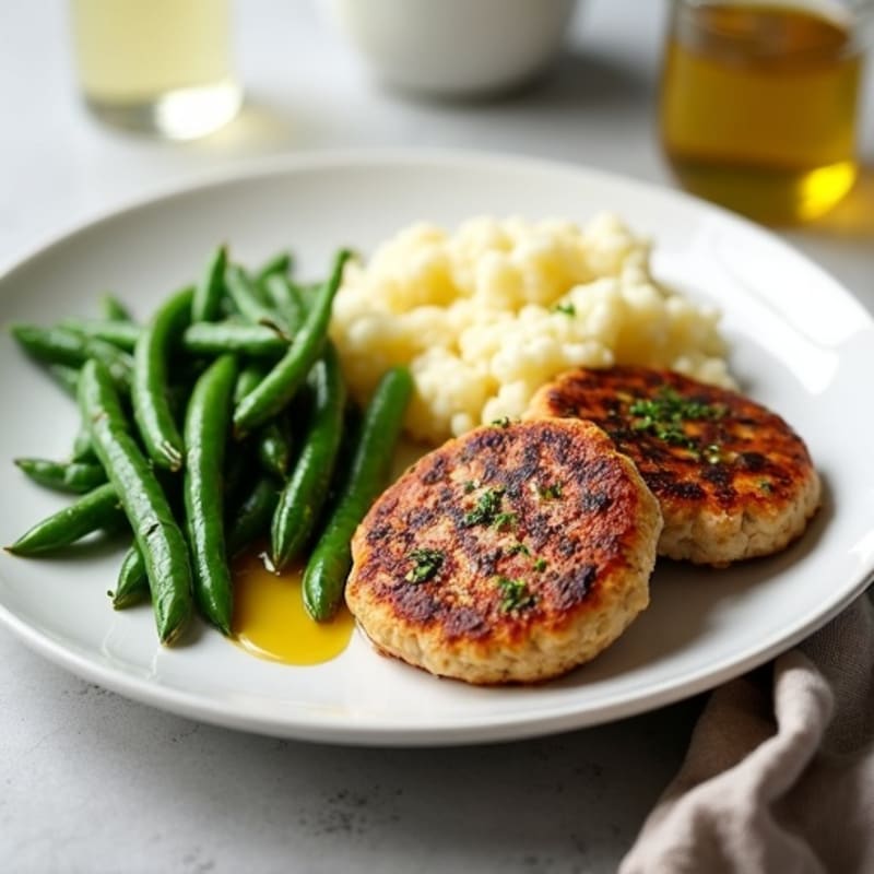 Seared Turkey Patties with Garlic Green Beans and Mashed Cauliflower