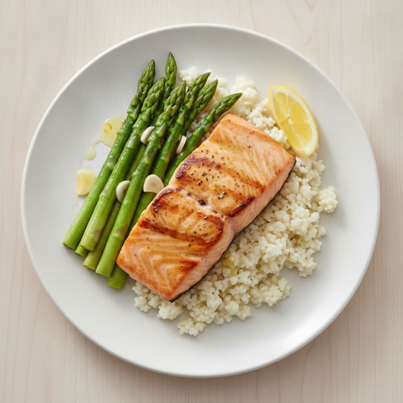 Seared Salmon with Steamed Asparagus and Cauliflower Rice