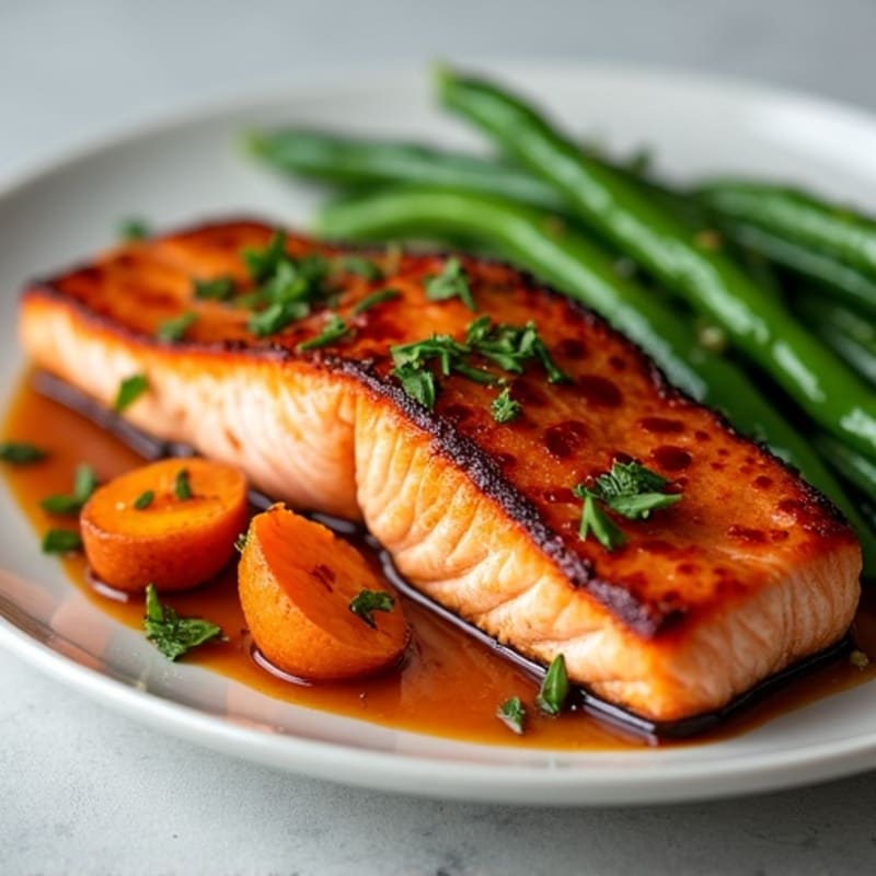 Date-Glazed Salmon with Roasted Sweet Potatoes and Crispy Green Beans