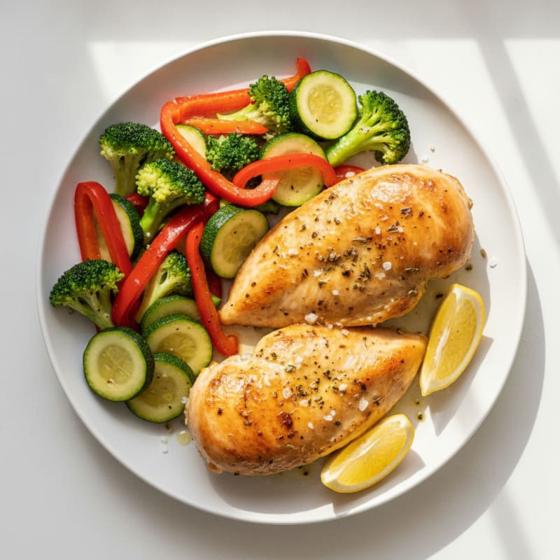 Lemon Herb Roasted Chicken with Sautéed Rainbow Veggies
