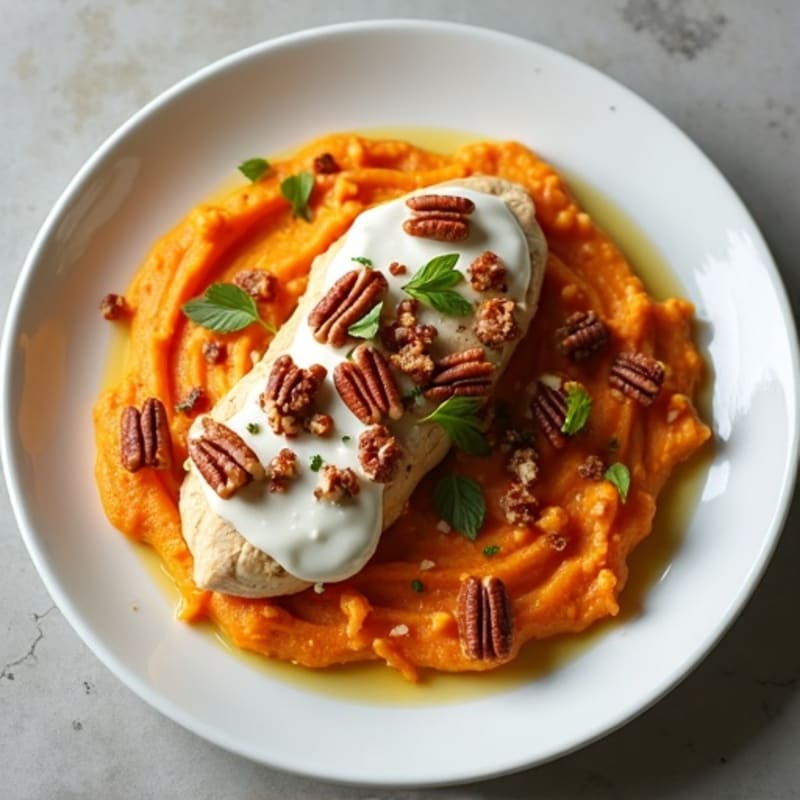 Creamy Roasted Chicken with Sweet Potato Puree and Crispy Pecan Topping