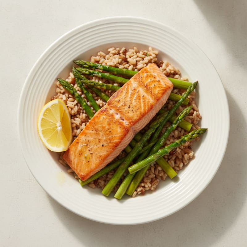 Seared Salmon with Steamed Asparagus and Brown Rice