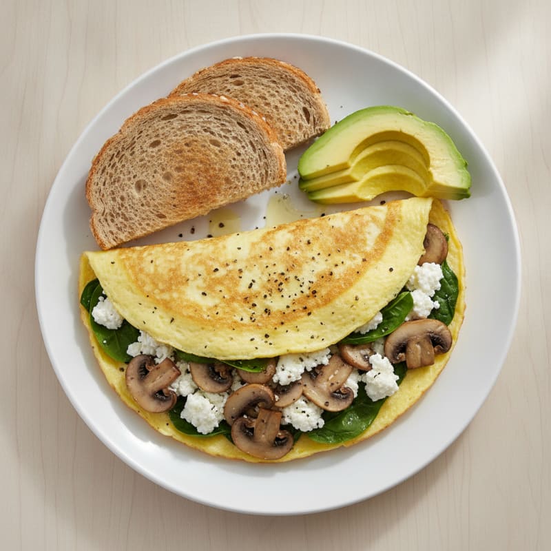 Egg White Spinach Omelette with Cottage Cheese and Sautéed Mushrooms