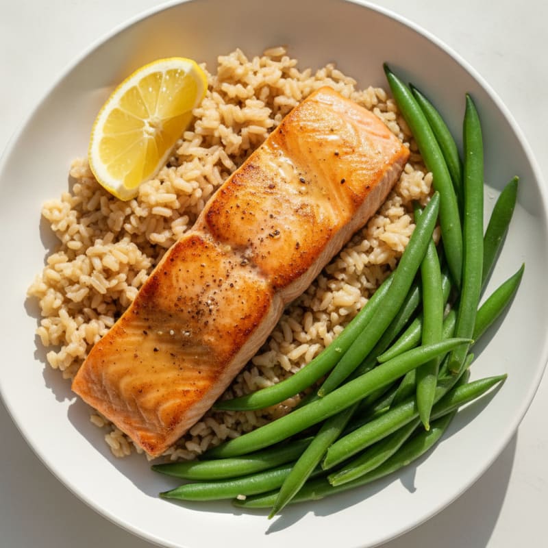 Seared Salmon with Steamed Green Beans and Brown Rice